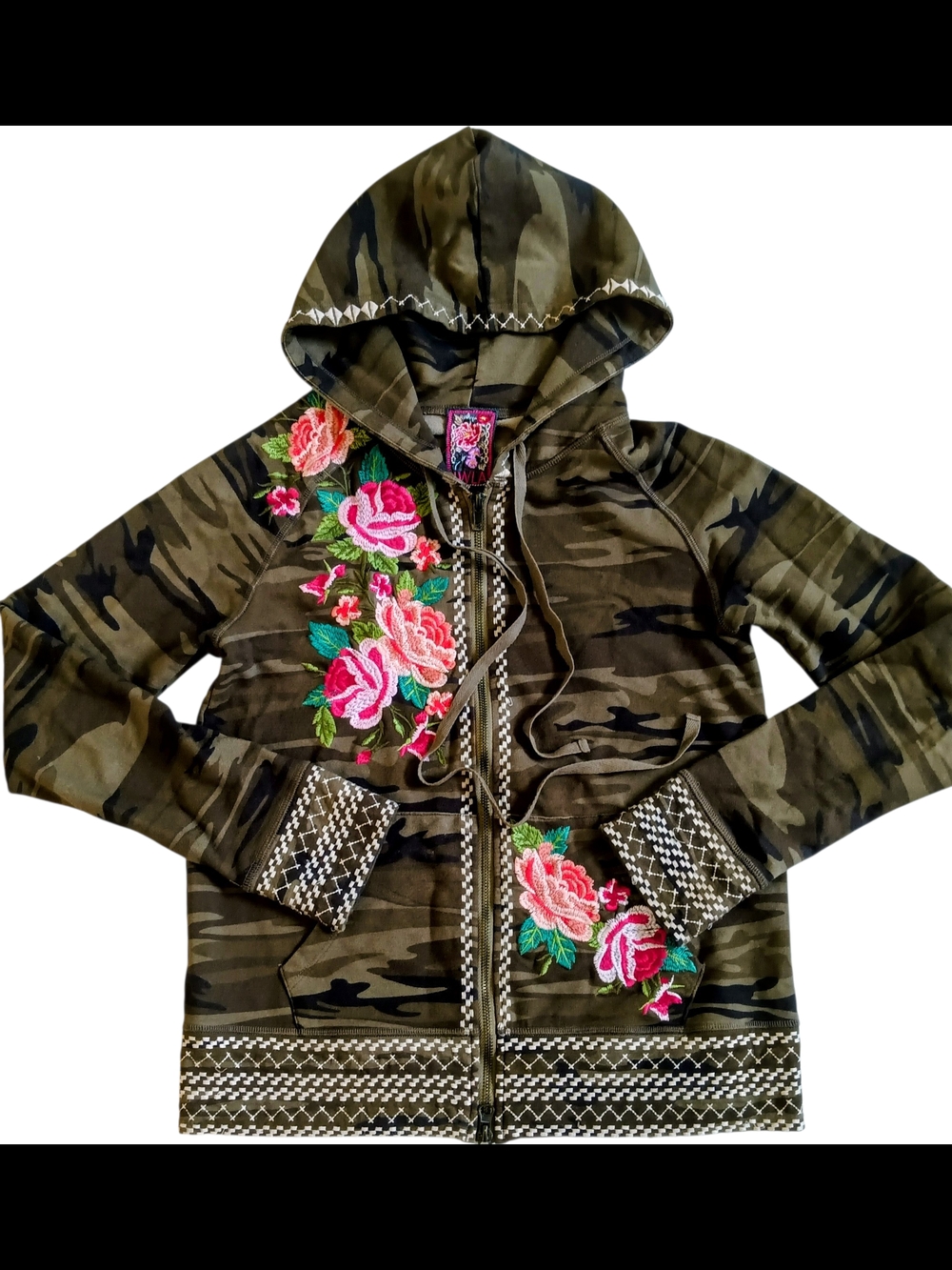 NEW Johnny Was Women’s Small Camouflage Hooded Jacket with Floral Embroidery